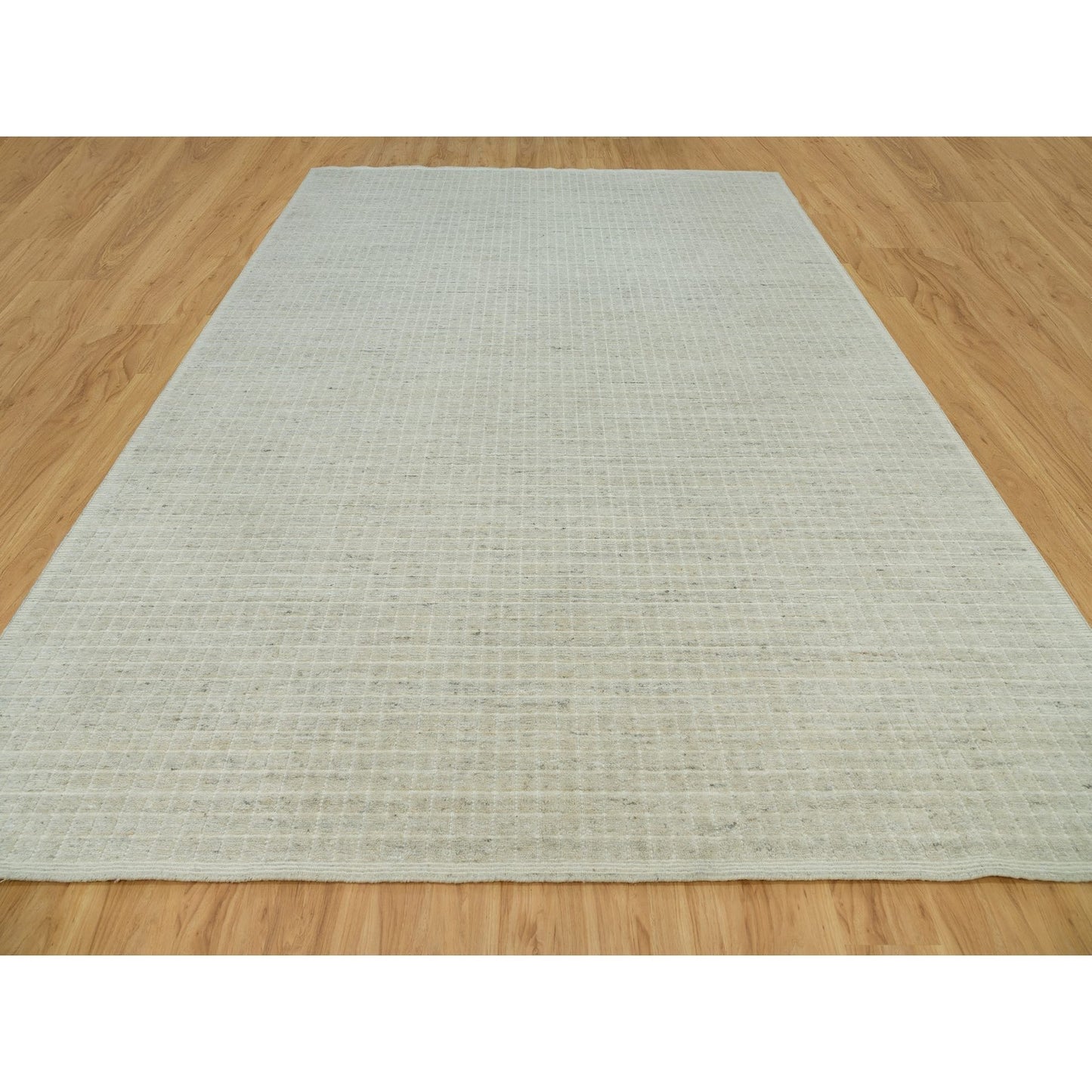 10'X13'9" Ivory Plain Decor Modern Box Design Loomed Knotted Wool Rug