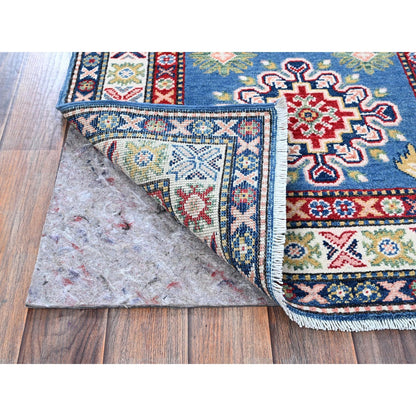 2'7"X6'7" Blue Kazak With Tribal Design Hand Knotted Soft Wool Runner Rug