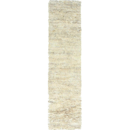 2'7"X10'1" Beige Shaggy Moroccan Natural Wool Hand Knotted Runner Rug