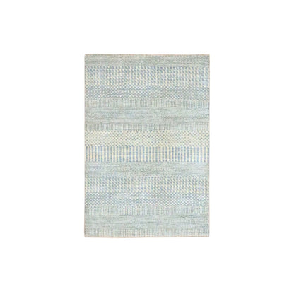 2'X3' Gray Modern Grass Design Wool With Silk Hand Knotted Mat Small Rug
