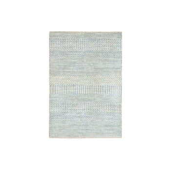 2'X3' Gray Modern Grass Design Wool With Silk Hand Knotted Mat Small Rug