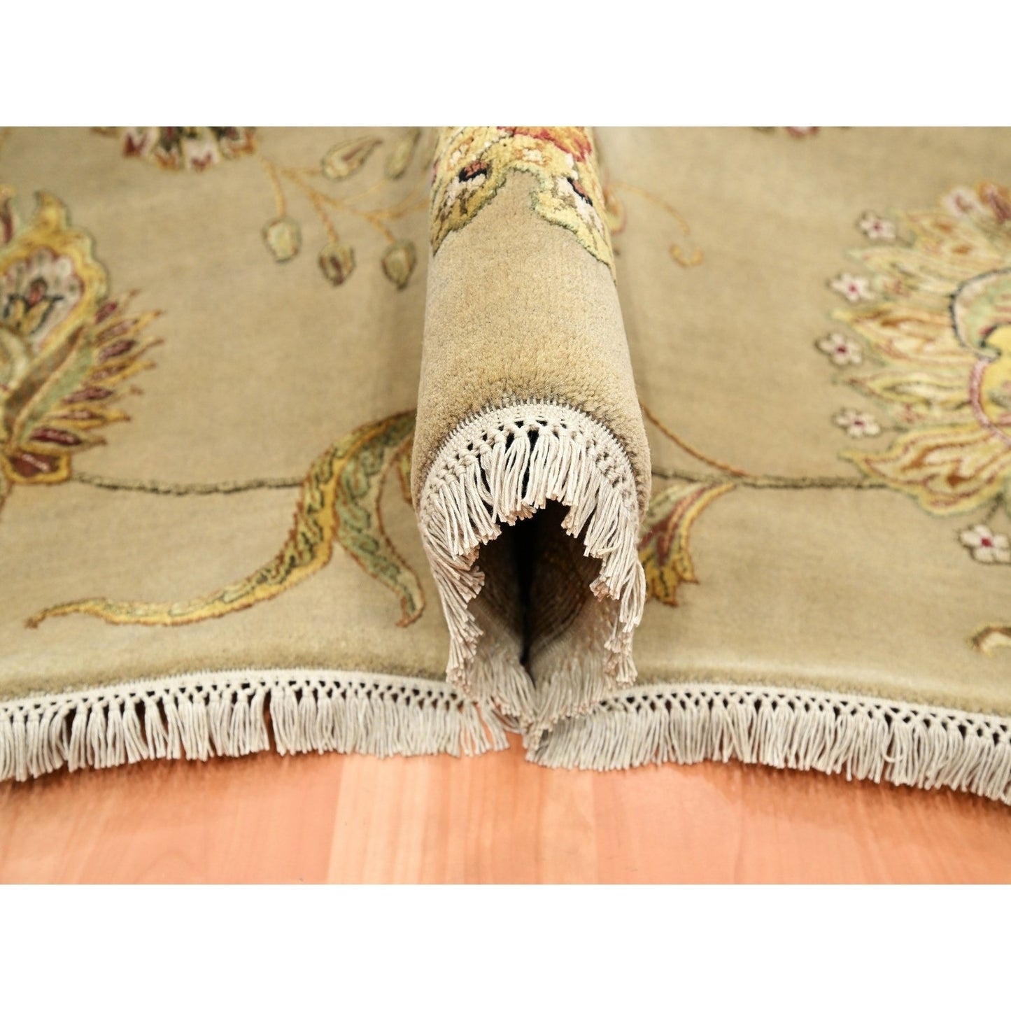 8'X10' Ecru Brown Wool & Silk Botanical Design Hand Knotted Oriental Rug