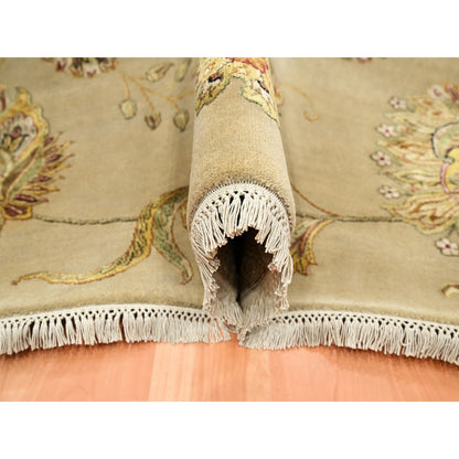 8'X10' Ecru Brown Wool & Silk Botanical Design Hand Knotted Oriental Rug