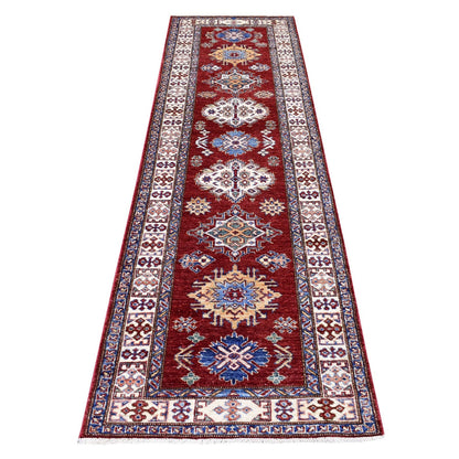 2'7"X8'10" Wool Hand Knotted Red Super Kazak Tribal Medallions Runner Rug