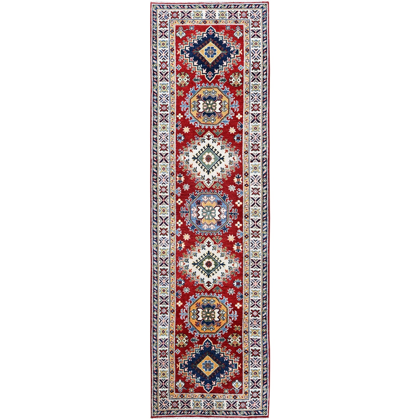 2'9"X9'8" Red Kazak With Geometric Design Soft Wool Hand Knotted Runner Rug