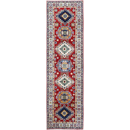 2'9"X9'8" Red Kazak With Geometric Design Soft Wool Hand Knotted Runner Rug