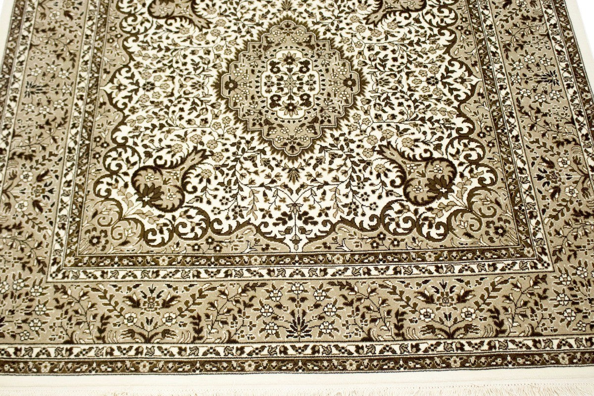Hand-Knotted Cream Kirman Square Rug Oriental Classic Floral Area Carpet 6X6 ft
