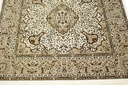 Hand-Knotted Cream Kirman Square Rug Oriental Classic Floral Area Carpet 6X6 ft