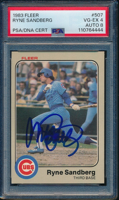 Ryne Sandberg Hof Signed On Card 1983 Fleer Rc Card #507 Psa/Dna Vg-Ex 4 198343