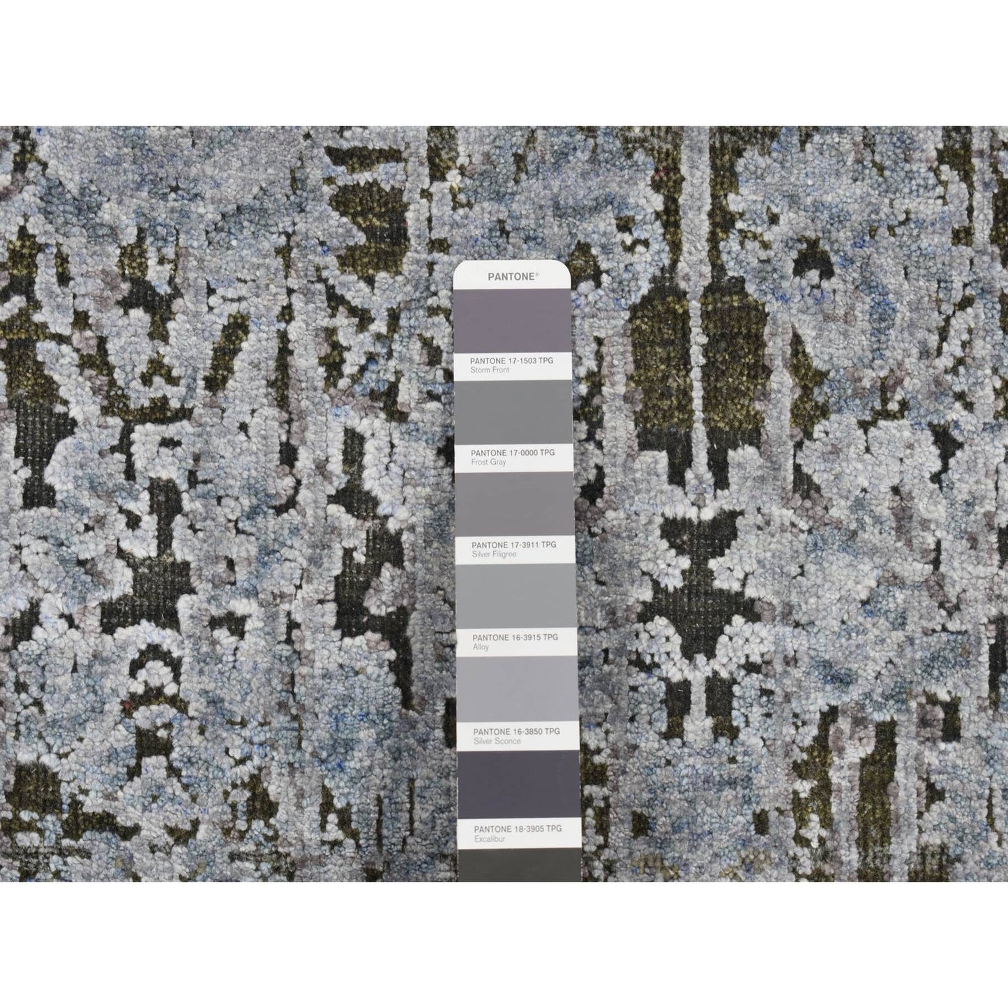 2'6"X10' Gray Silk With Wool Hand Knotted Erased Design Runner Rug