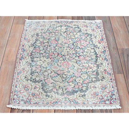 1'8"X2'4" Colorful Worn Wool Hand Knotted Old Farsian Karman Mat Rug