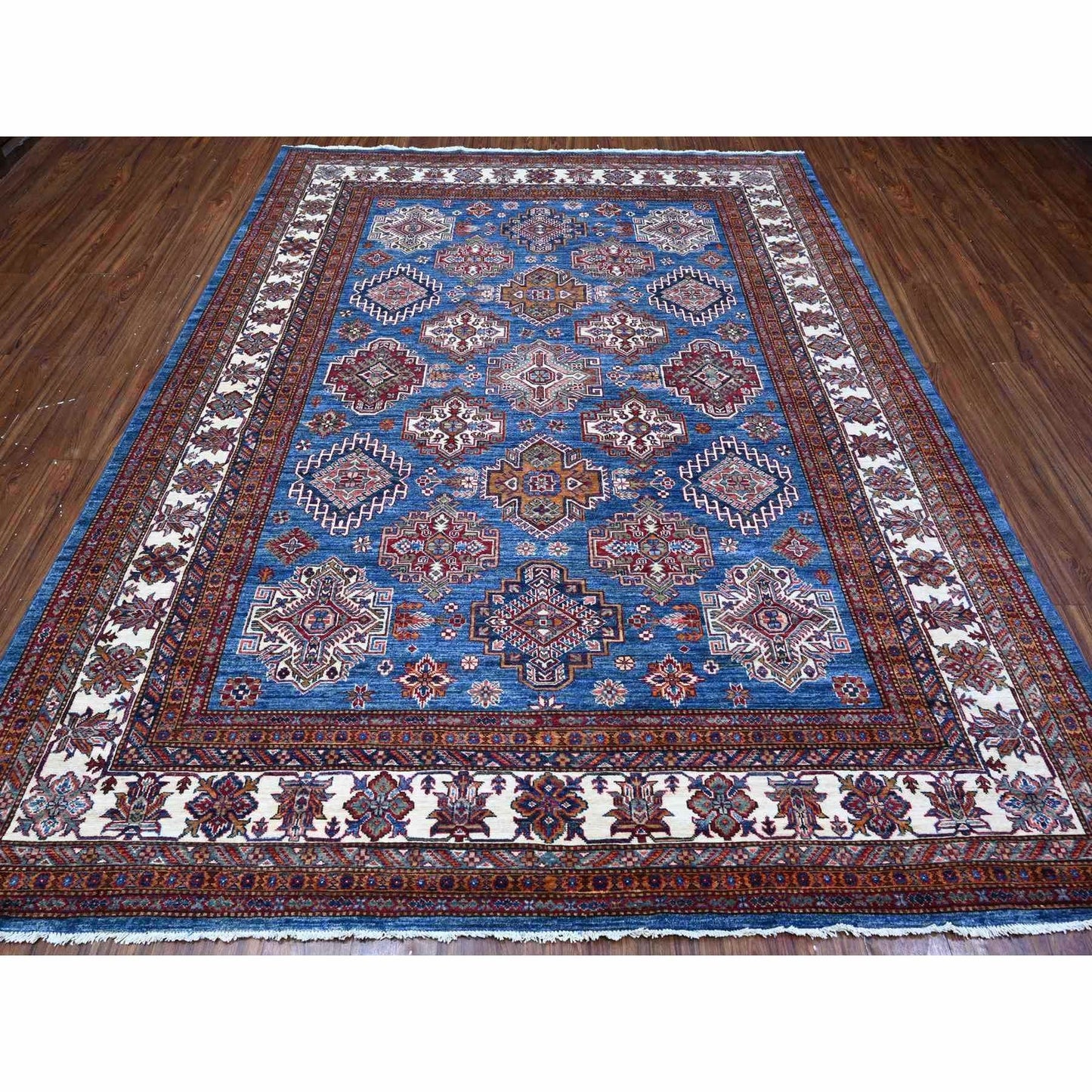 8'X10' Atlantic Blue Super Kazak Tribal Medallions Wool Hand Knotted Rug