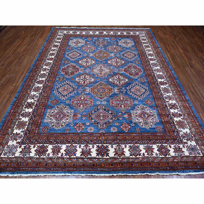 8'X10' Atlantic Blue Super Kazak Tribal Medallions Wool Hand Knotted Rug