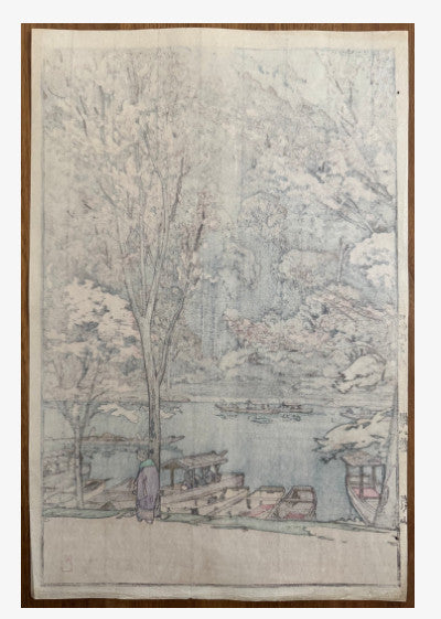 woodblock print of themes eight cherry blossom arashiyama by hiroshi yoshida 1935