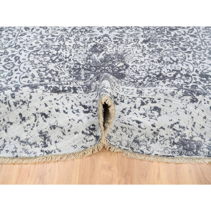 9'9"X9'9" Gray Erased Farsian Design Wool/Silk Hand Knotted Round Rug