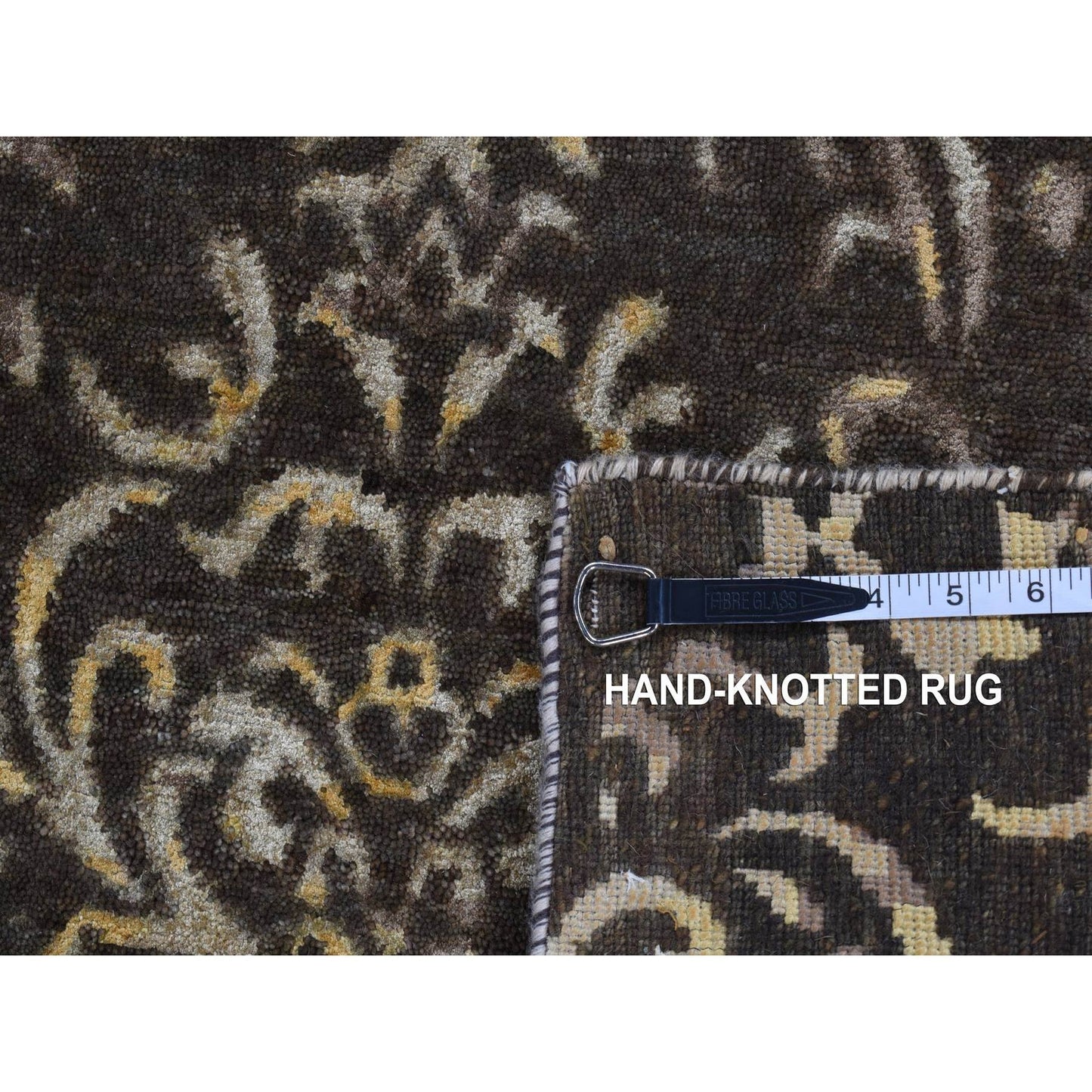 2'x9'10" Brown Hand Knotted Damask Tone on Tone Wool and Silk Runner Rug