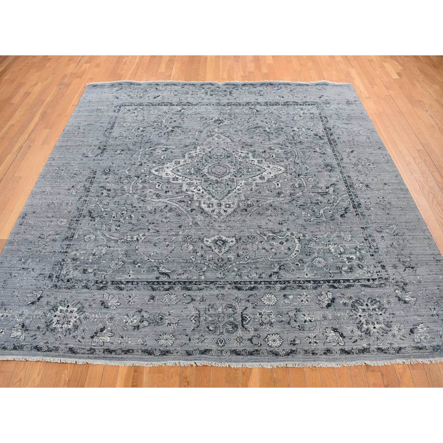 10'X10' Gray Zoroastrian Design Silk With Wool Hand Knotted Square Rug
