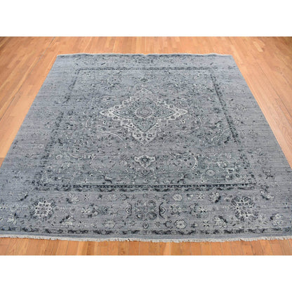 10'X10' Gray Zoroastrian Design Silk With Wool Hand Knotted Square Rug