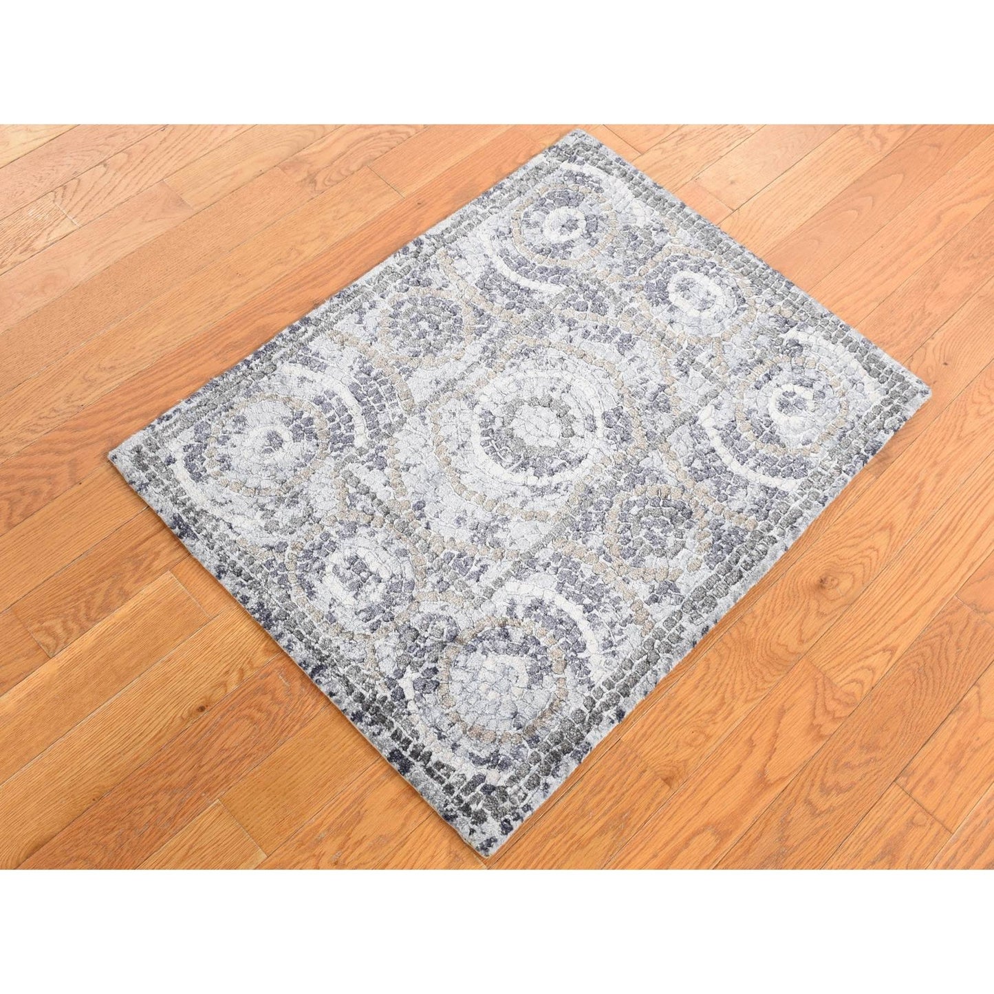 2'2"X2'10" Gray Silken Roman Mosaic Design Hand Knotted Sample Mat Rug