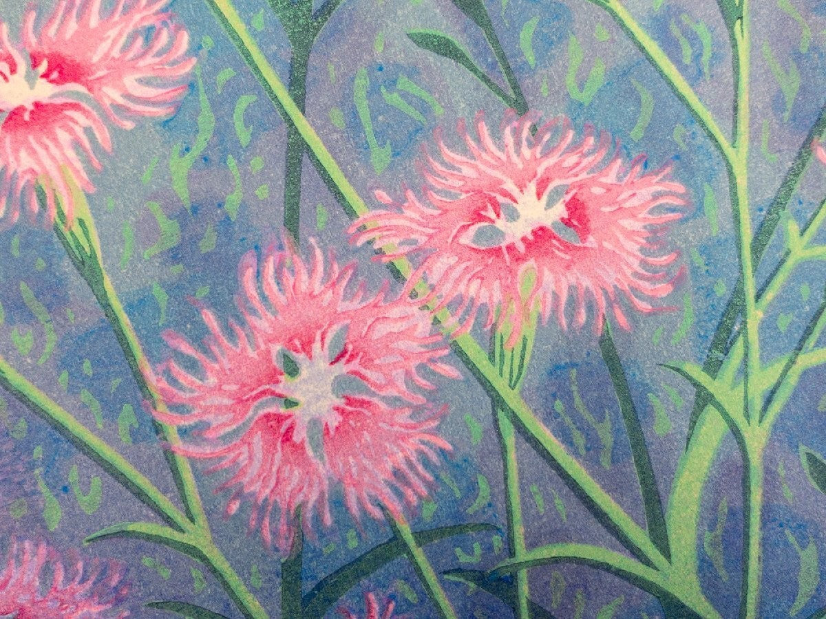 Munenori Makino Nadeshiko Flowers 1989 Japanese Woodblock Print Signed Sheet
