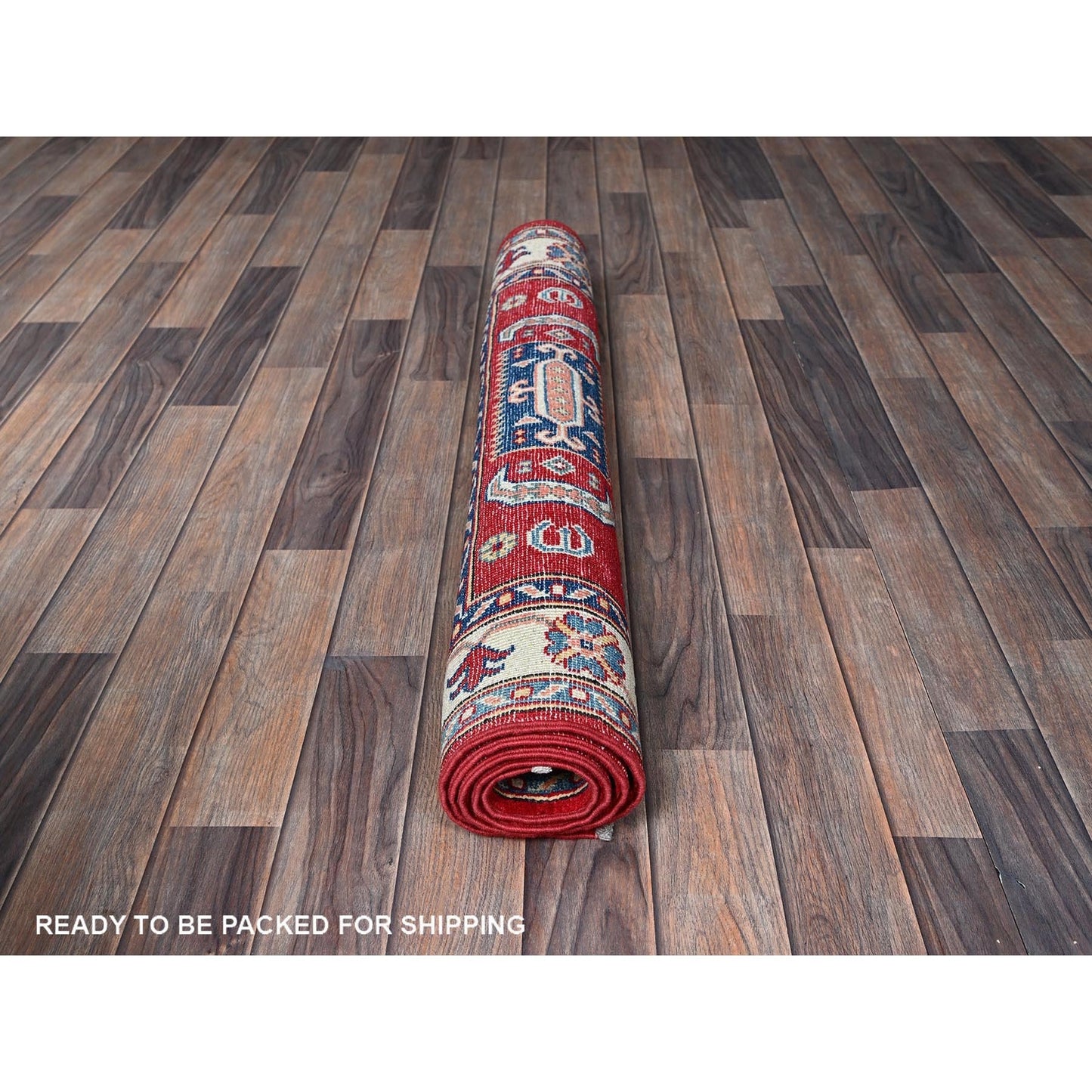 3'5"X5' Red Kazak With Geometric Design Soft Wool Hand Knotted Oriental Rug