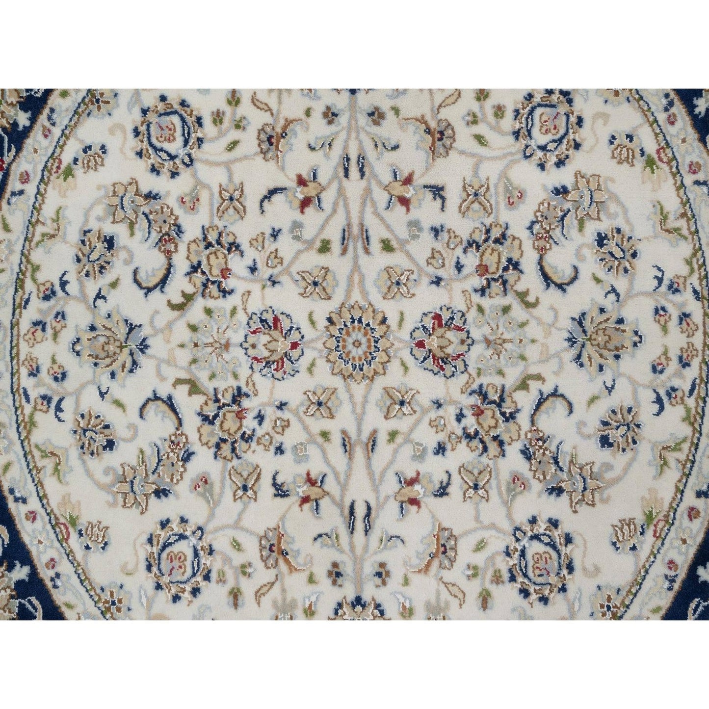 5'X5' Ivory Nain With Flower Design Wool And Silk Hand Knotted Round Rug