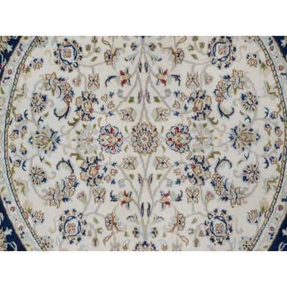 5'X5' Ivory Nain With Flower Design Wool And Silk Hand Knotted Round Rug
