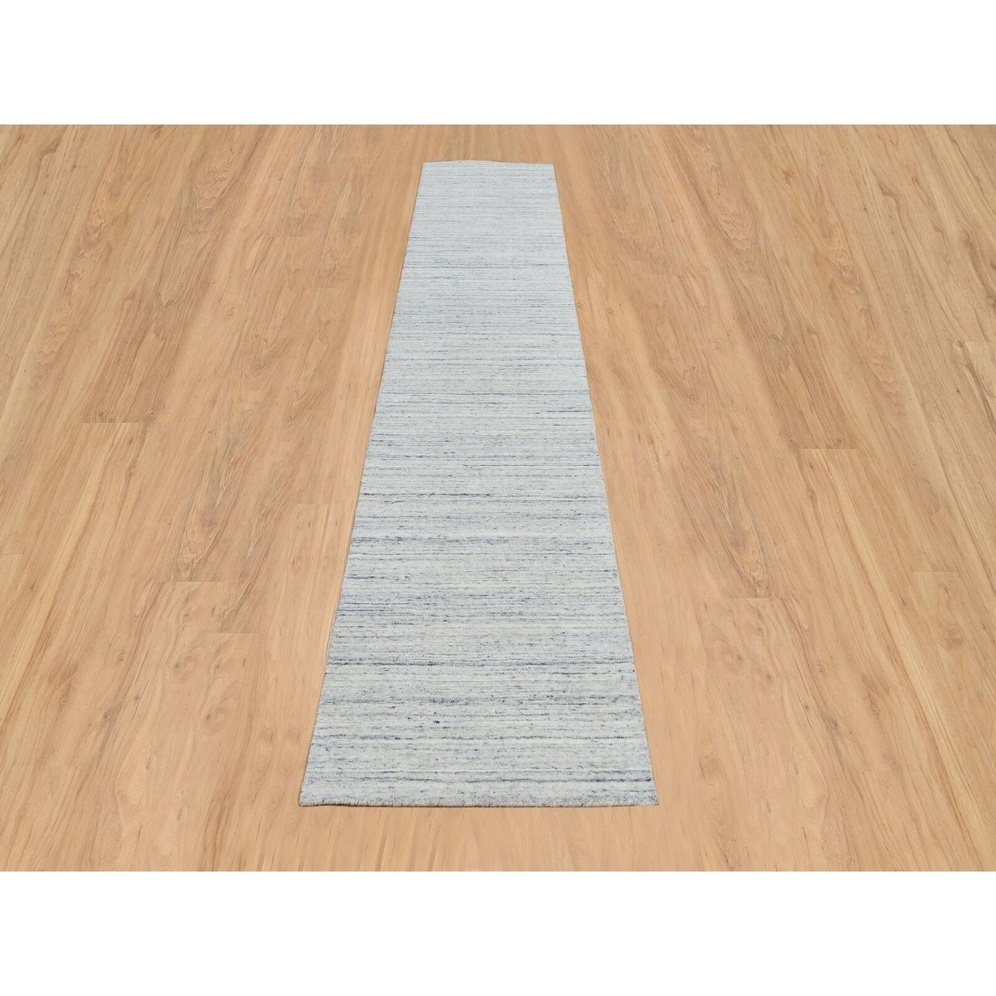 2'6"X11'10" Ivory Hand Loomed Plain Modern Striae Design Wool Runner Rug