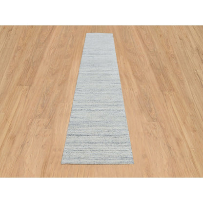 2'6"X11'10" Ivory Hand Loomed Plain Modern Striae Design Wool Runner Rug