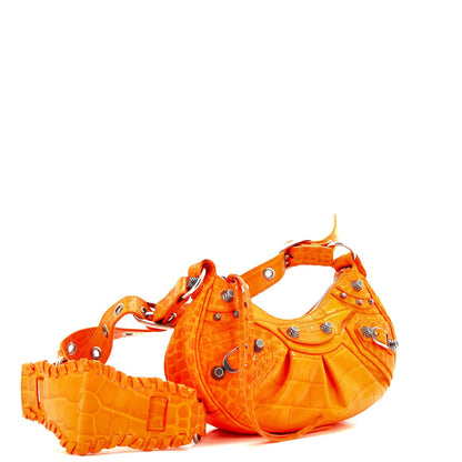 Balenciaga Le Cagole Giant Studs Shoulder Bag Crocodile Embossed Leather Small