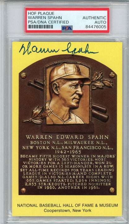 Warren Spahn Autographed Hall Of Fame Plaque Card