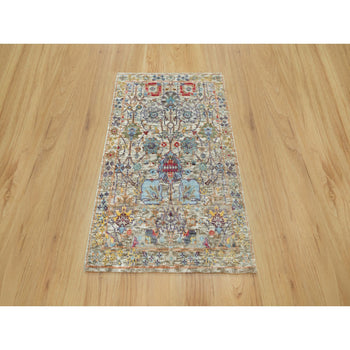 2'X3' Ivory Hand Knotted Silk And Wool Flower Design Mat Oriental Rug