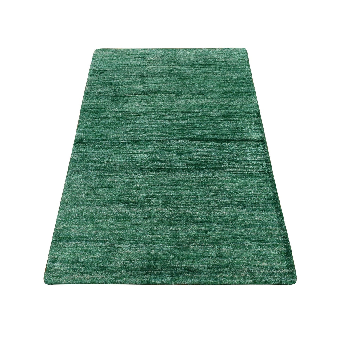 Solid Design Sample Silk Hand Knotted Mat Rug Green Plain 2'x3'1