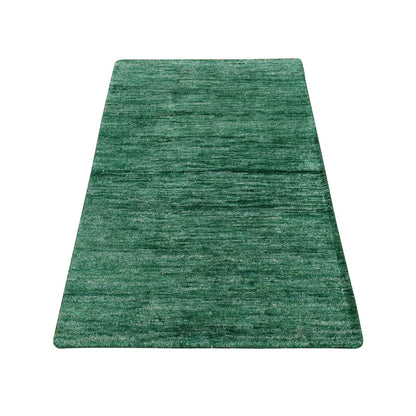 Solid Design Sample Silk Hand Knotted Mat Rug Green Plain 2'x3'1