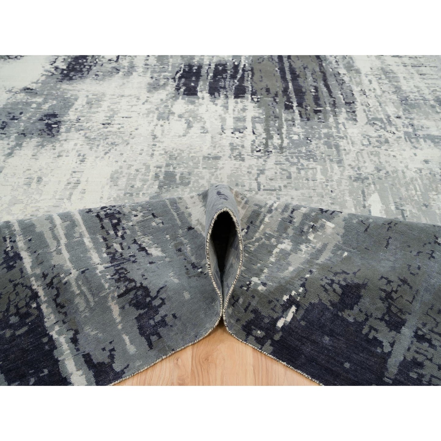 10'1"x14'1" Black Hand Knotted Modern Abstract Design Wool and Silk Rug