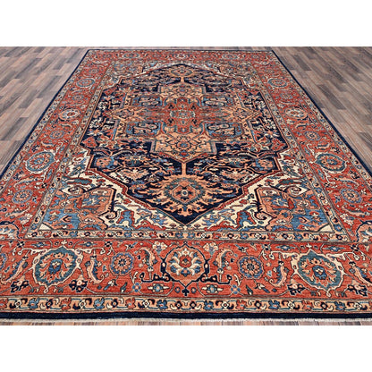 9'X12'1" Yale Blue Seeripe Heris Hand Knotted High Mountain Soft Wool Rug