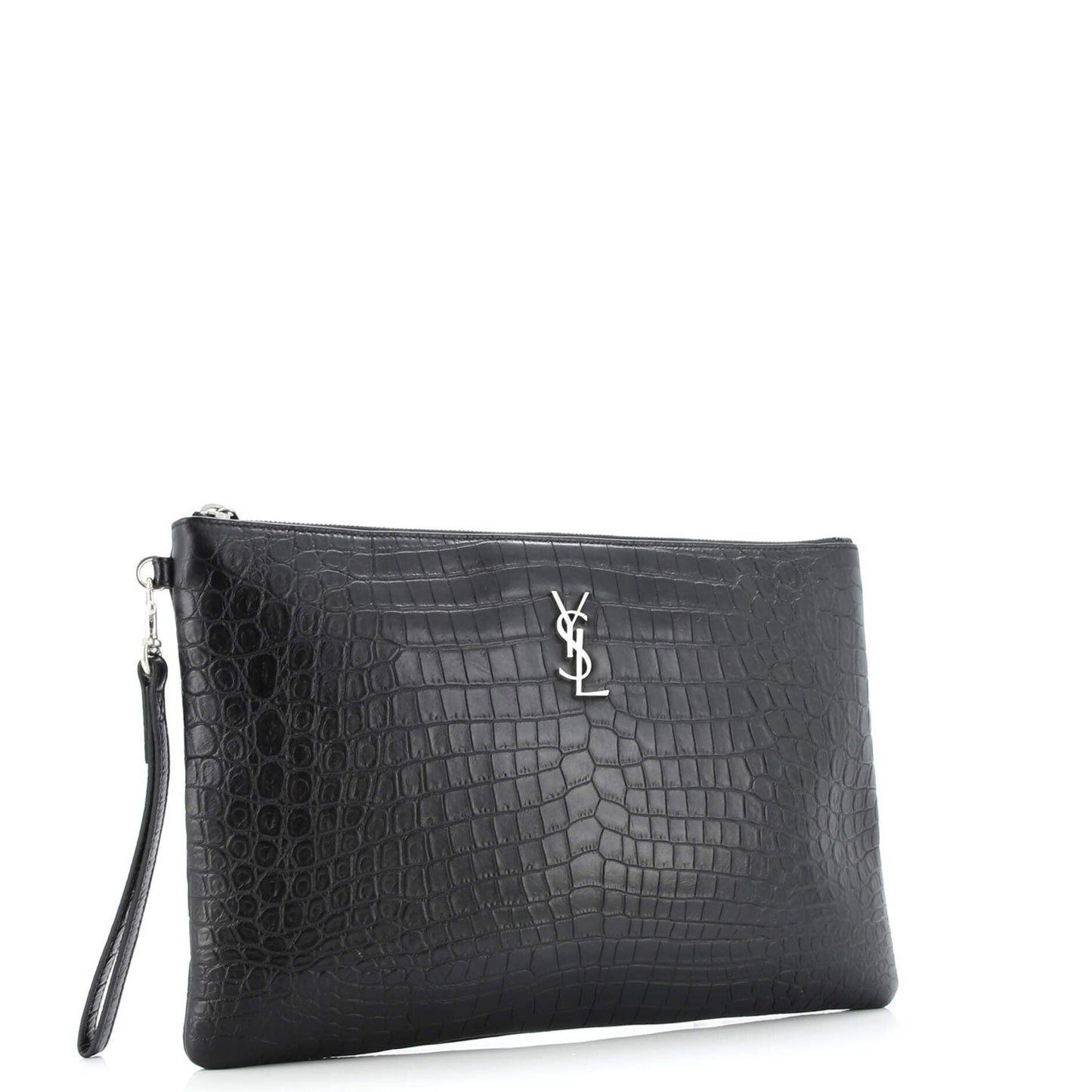 Saint Laurent Classic Monogram Tablet Wristlet Pouch Crocodile Embossed Leather