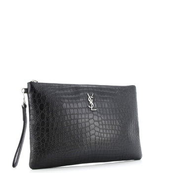 Saint Laurent Classic Monogram Tablet Wristlet Pouch Crocodile Embossed Leather