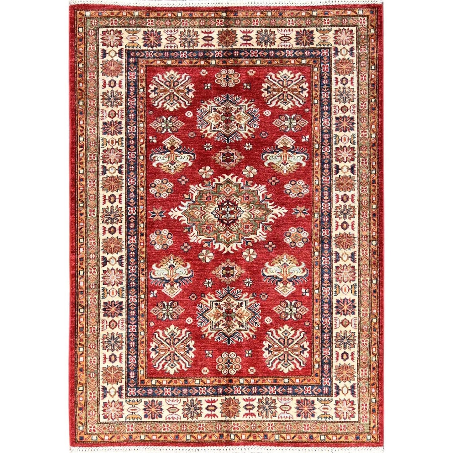 4'3"x6' Red Afghan Super Kazak Medallions Design Hand Knotted Wool Rug