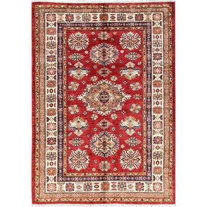 4'3"x6' Red Afghan Super Kazak Medallions Design Hand Knotted Wool Rug