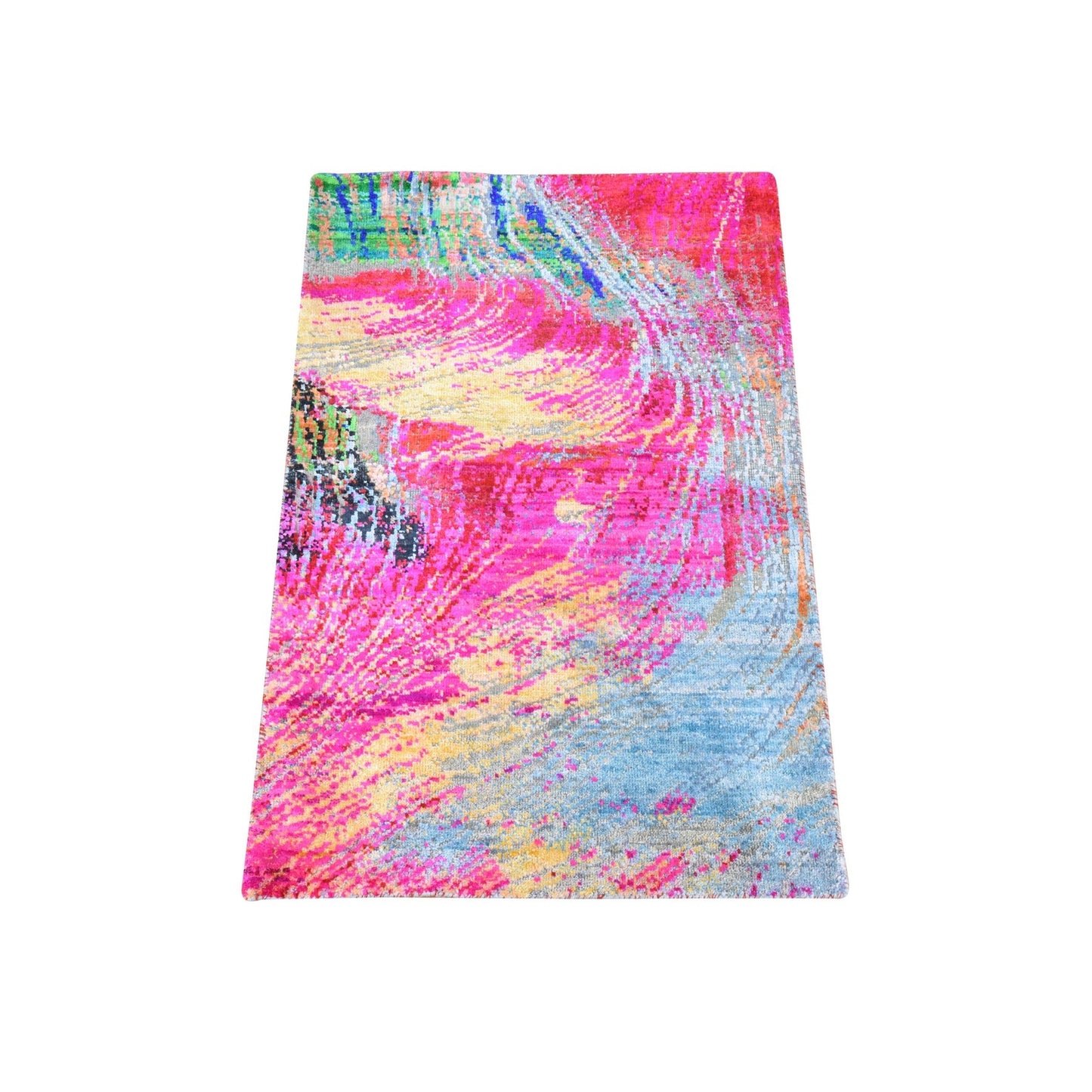 2'X3'1" Fuscia Pink Sari Silk Modern Design Hand Knotted Mat Rug