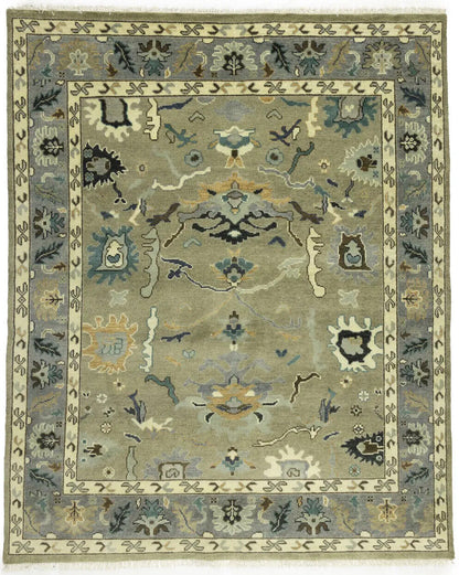 Khaki Floral Oushak Chobi Oriental Rug Handmade