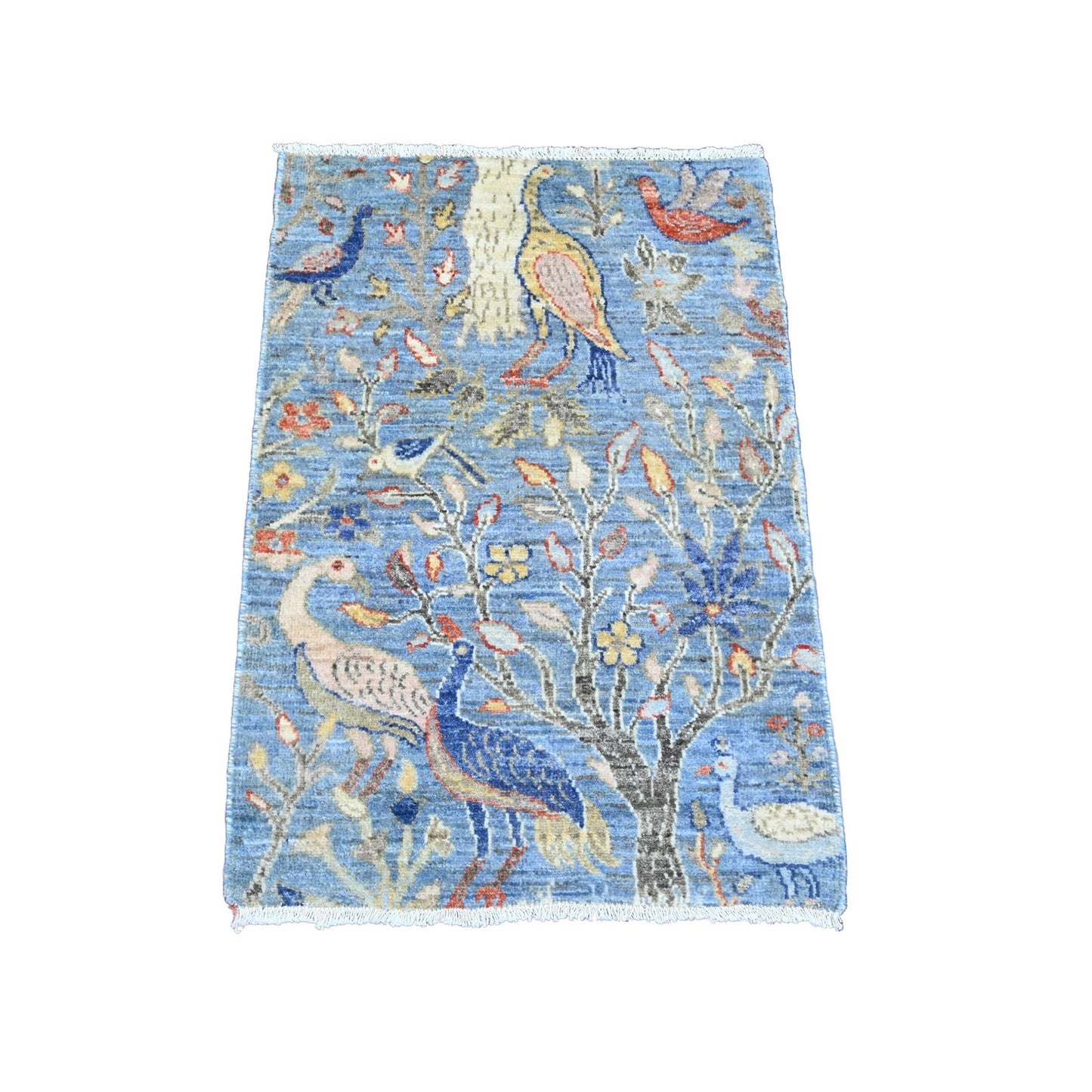 Rug 2'x3' Blue Afghan Peshawar Birds Design Soft Wool Hand Knotted Mat