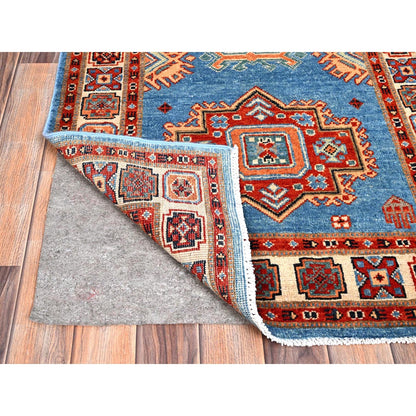 2'10"X9'7" Jelly Bean Blue Special Kazak Hand Knotted Wool Runner Rug