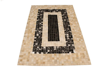 Hand-Stitched Black Beige Cowhide Leather Rug 4X6
