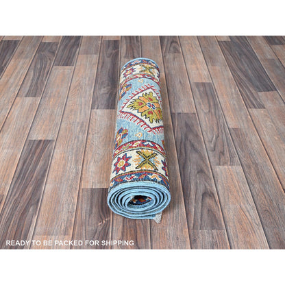 2'1"X5'9" Blue Kazak Geometric Design Hand Knotted Soft Wool Runner Rug