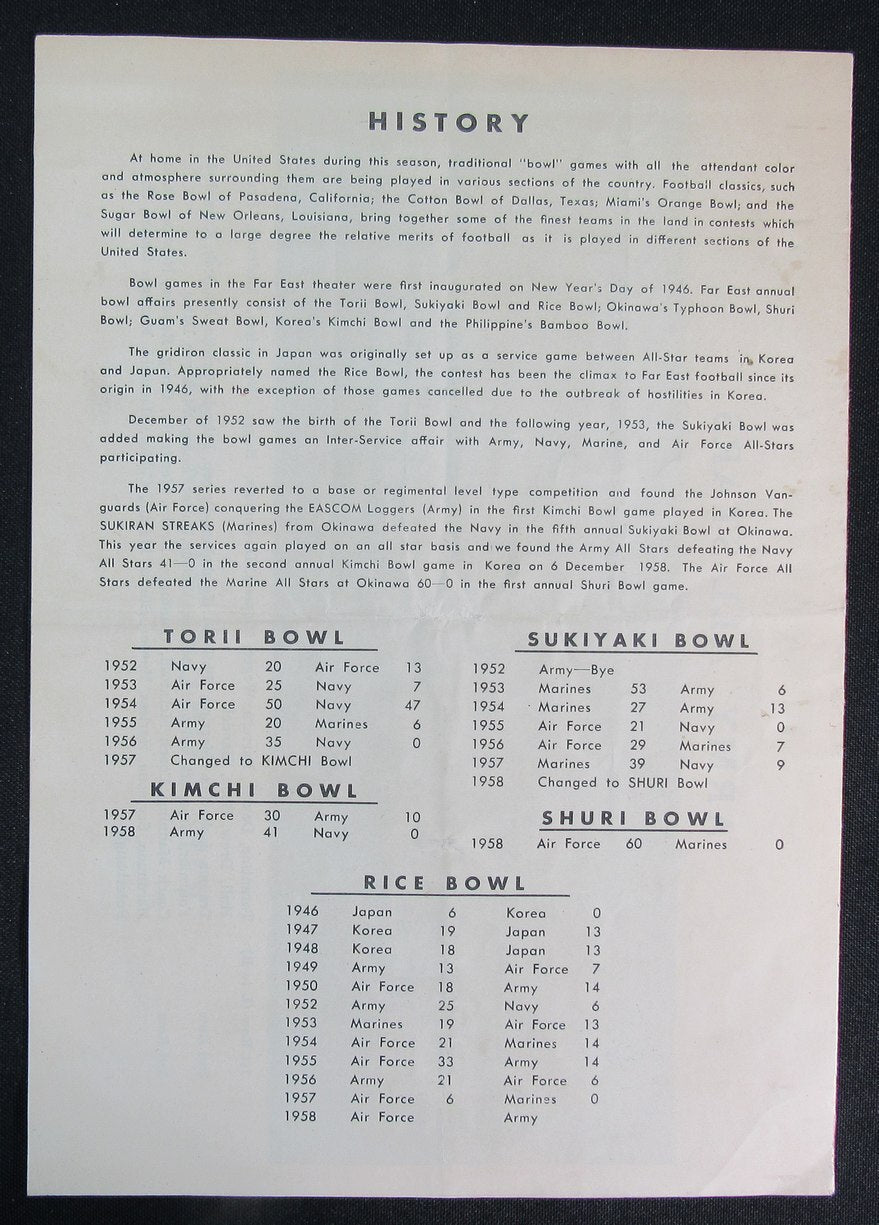 1958 Rice Bowl Air Force Vs. Army Military Football Game Program At Tokyo, Japan