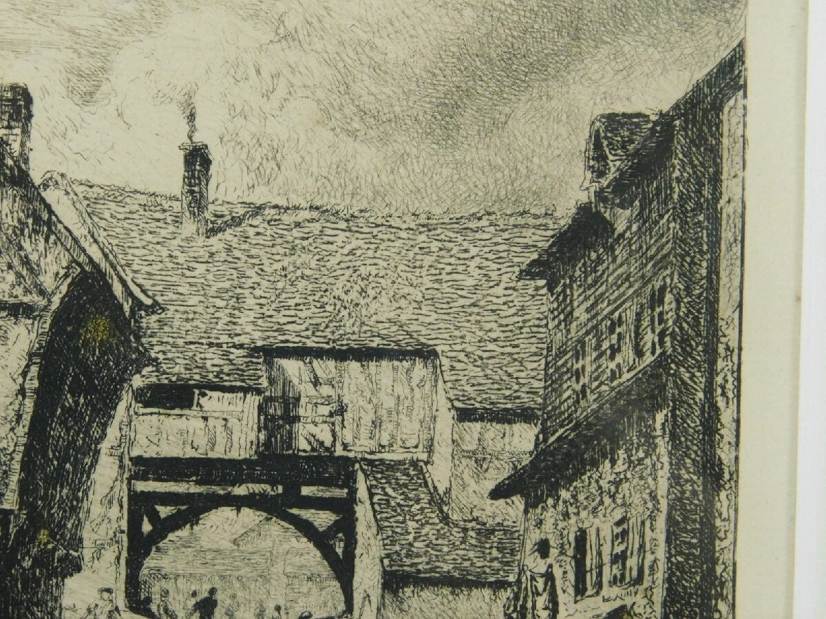 1866 Paul Huet "Old Houses at Honfleur Port" Original Etching Framed with Box