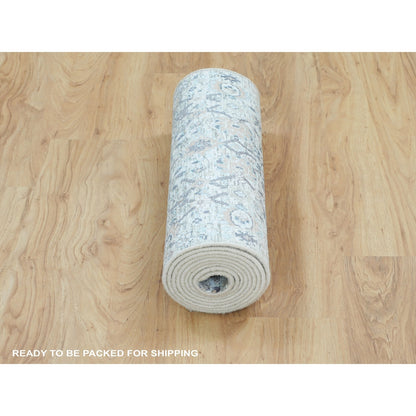 2'5"X12' Ivory Silk With Textured Tebraz Design Runner Hand Knotted Rug