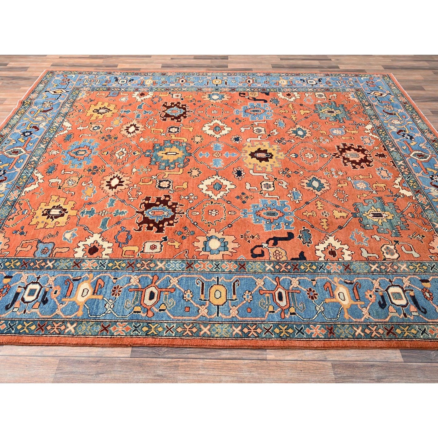 8'2"x9'8" Orange Hand Knotted Rug Peshawar with Heris All Over Design Wool
